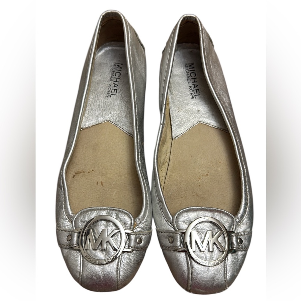 MICHAEL KORS FULTON METALLIC LOGO LEATHER WOMENS MOCCASINS FLATS ALIP ON
